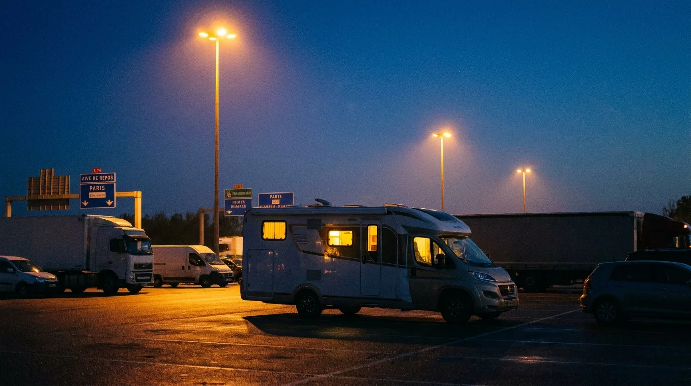 Camping-car stationne sur une aire d'autoroute de nuit