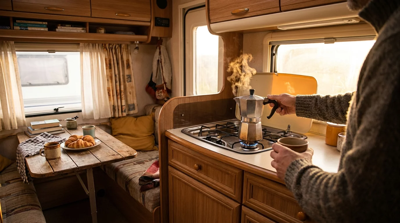 Couple preparant le petit-dejeuner dans un camping-car