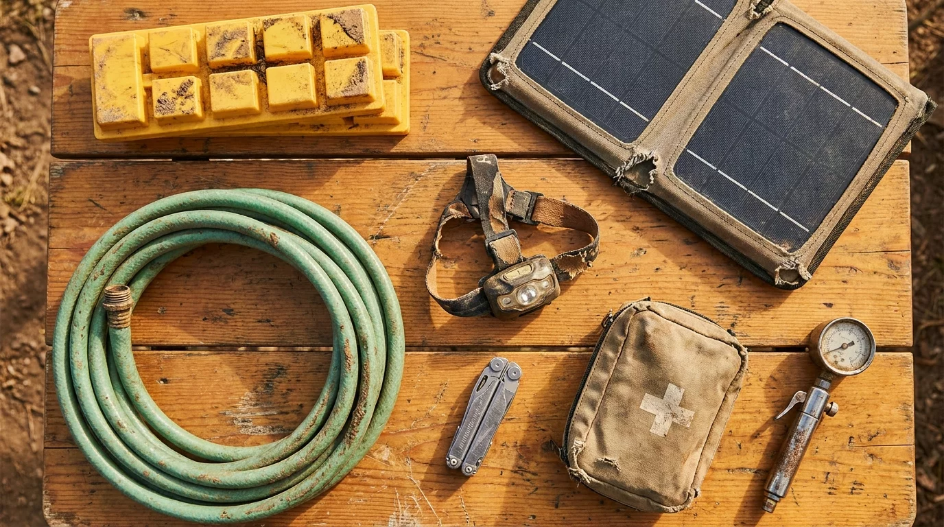 Ensemble d'accessoires camping-car disposes sur une table