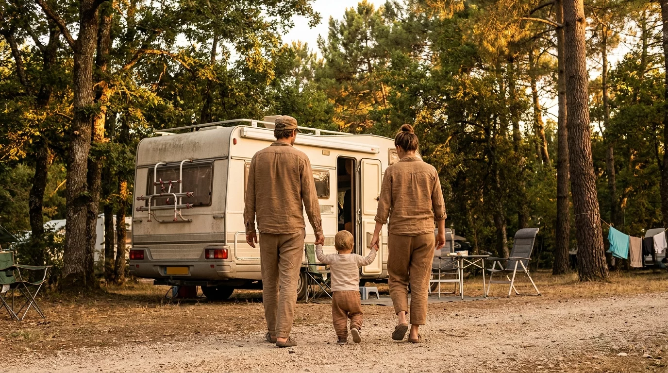 Famille avec jeunes enfants devant leur camping-car