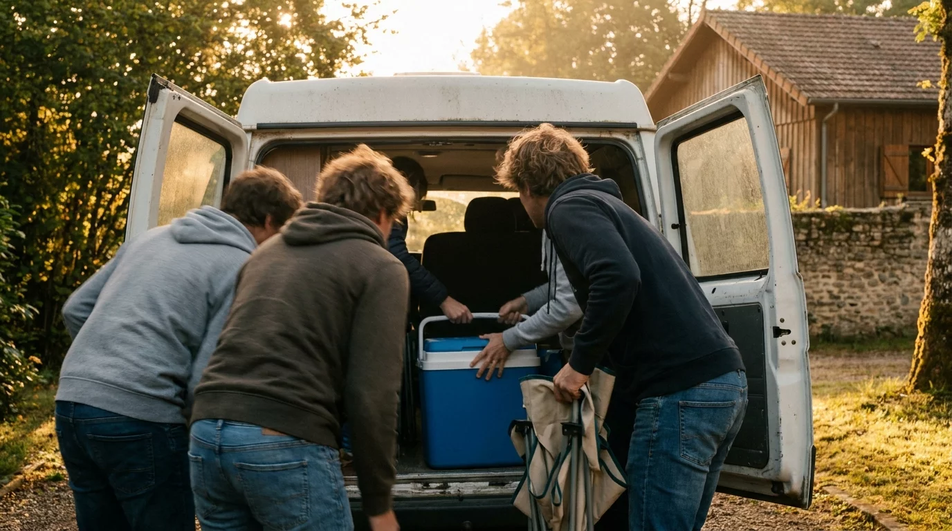 Famille chargeant un camping-car avant le depart en vacances