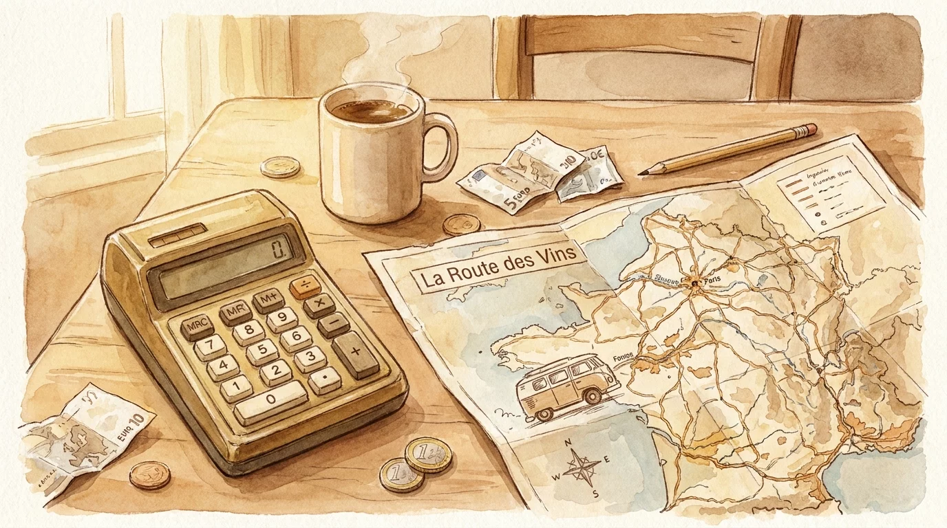Illustration budget voyage avec calculatrice et carte de France