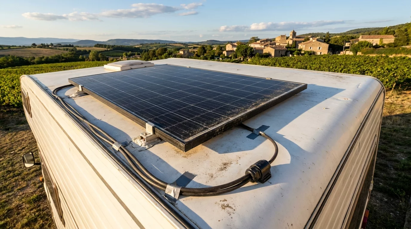 Panneau solaire installe sur toit de camping-car