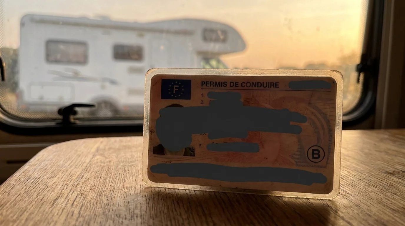 Permis de conduire francais avec camping-car en arriere-plan