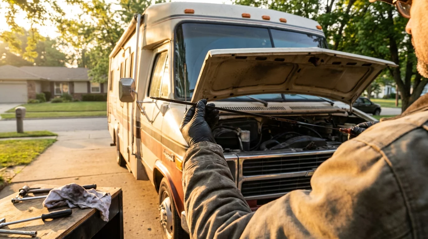 Personne verifiant niveau huile camping-car capot ouvert