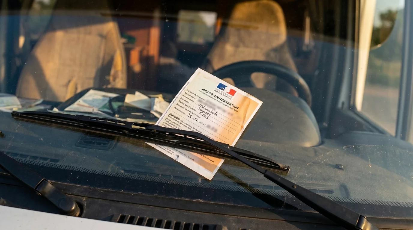 PV de stationnement pose sur pare-brise camping-car